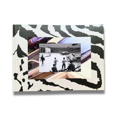 A hardcover book or album cover featuring a black and white zebra-stripe pattern border, with a central collage of vintage car interiors and a black-and-white photograph. The title 'THE ART OF MOVEMENT' is visible at the top.